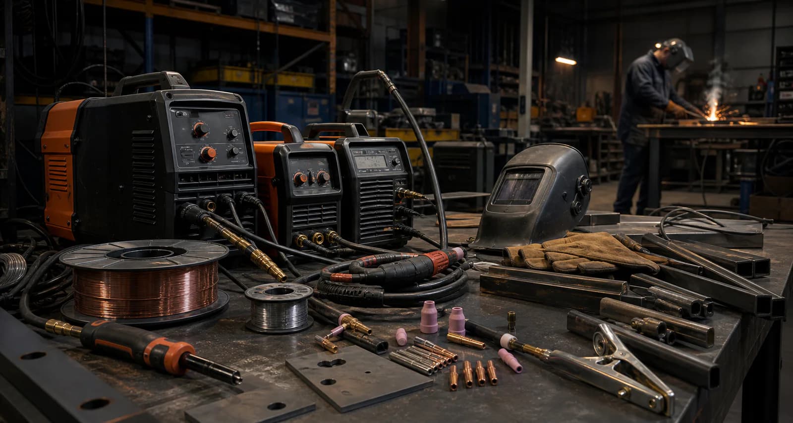 Welding machines, torches and consumables in an industrial workshop