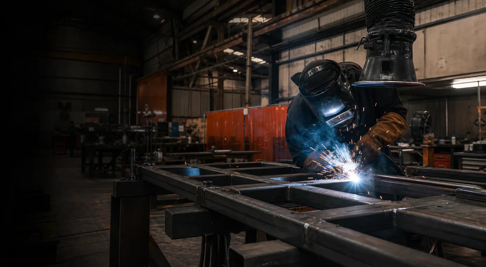 Industrial welder fabricating a large structural steel frame