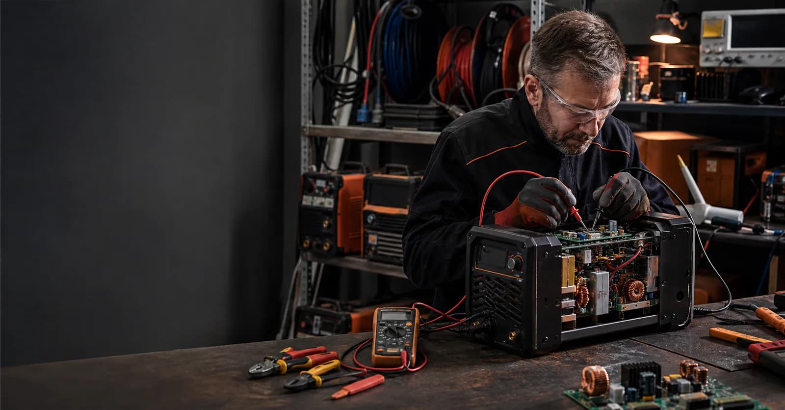 Technician repairing an inverter welding machine